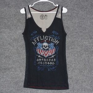 Affliction American Customs Tank Top Womens M Black Skull Flag Rhinestone